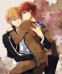  2boys blonde_hair brown_eyes emiya_shirou fate/stay_night fate_(series) gilgamesh kuroemon multiple_boys orange_hair raglan_sleeves red_eyes red_hair redhead school_uniform yaoi yellow_eyes 