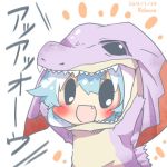  &gt;:d :d animal_costume arms_up black_eyes blue_hair blush chibi fang jaggia kamishirasawa_keine lowres monster_hunter open_mouth rebecca_(keinelove) smile solo touhou white_background 