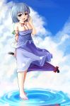  1girl adapted_costume adworse arm_ribbon bare_shoulders barefoot blue_eyes blue_hair blue_sky blush breasts cleavage closed_umbrella cloud clouds heterochromia neck_ribbon open_mouth red_eyes ribbon short_hair skirt sky smile solo standing_on_water tatara_kogasa touhou umbrella water 