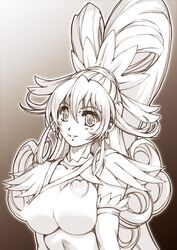  1girl aida_mana breasts censored cure_heart curly_hair dokidoki!_precure earrings grey_background half_updo hisahiko jewelry long_hair magical_girl monochrome ponytail precure smile solo 