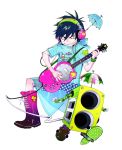  1boy boots grin guitar headphones instrument kazue_kato original smile solo umbrella 