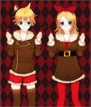  1boy 1girl :3 aqua_eyes argyle argyle_background belt black_legwear blonde_hair brother_and_sister casual fur_trim hair_between_eyes hair_bobbles hair_ornament hair_ribbon hairclip jacket kagamine_len kagamine_rin pantyhose pocky polka_dot ponytail qazrr red_legwear ribbon short_hair siblings thigh-highs thighhighs twins vocaloid zettai_ryouiki 