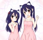  2girls animal_ears black_hair brown_eyes cat_ears company_connection crossover dress k-on! kakukaku_(artist) kitashirakawa_anko kyoto_animation long_hair multiple_girls nakano_azusa side_ponytail tamako_market twintails 