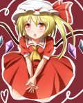  1girl adapted_costume alternate_costume ascot blonde_hair bow crystal flandre_scarlet hat hat_ribbon kuroganeruto open_mouth red_eyes ribbon sailor_dress short_hair side_ponytail sitting solo touhou wings 