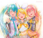  3girls :d ^_^ aqua_hair artist_name bare_shoulders blonde_hair blush closed_eyes detached_sleeves eyes_closed hair_ornament hatsune_miku headphones headset kagamine_rin long_hair mayo_riyo megurine_luka multiple_girls navel necktie open_mouth outstretched_arms pink_hair short_hair smile traditional_media twintails v very_long_hair vocaloid 
