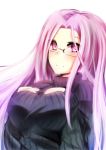  1girl breasts fate/stay_night fate_(series) glasses grzjkbhgf_(artist) highres large_breasts long_hair long_sleeves purple_hair ribbed_sweater rider rough smile solo sweater turtleneck violet_eyes 