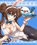  1girl alternate_costume animal_costume animal_ears blue_background blue_eyes blush bowtie breasts brown_hair bunny_costume bunny_ears bunnysuit cleavage detached_collar double_bun irouha long_hair looking_at_viewer lying mei_(pokemon) oshawott pokemon pokemon_(creature) pokemon_(game) pokemon_bw2 rabbit_ears shell twintails wrist_cuffs 