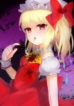  1girl ascot blonde_hair blood blood_in_mouth bloody_clothes crystal dress eating flandre_scarlet garters hat hat_ribbon highres open_mouth puffy_sleeves red_eyes ribbon short_hair side_ponytail solo tokyo_mew_mew touhou wings 