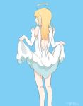  1girl angel_wings artist_name bare_shoulders blonde_hair blue_background closed_eyes detached_sleeves dress dress_lift from_behind halo long_hair original simple_background solo taisos white_dress wings 