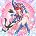  1girl :t animal_ears blush boots braid breasts cape cat_ears cat_tail dark_magician_girl dark_magician_girl_(cosplay) hat kaenbyou_rin magic_circle multiple_tails red_eyes red_hair redhead short_hair showgirl_skirt skirt solo staff tail topia touhou twin_braids 