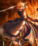  1girl ahoge armor armored_dress blonde_hair blood blood_on_face dress excalibur fate/zero fate_(series) field_of_blades gauntlets green_eyes hair_ribbon nauimusuka ribbon saber sword weapon 
