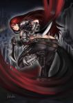  1girl armor ass belt breasts butt_crack from_behind gauntlets green_eyes katarina_du_couteau knife league_of_legends long_hair parted_lips qblade red_hair redhead reverse_grip scar signature smile solo spikes weapon 