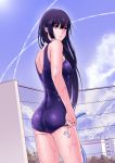  1girl ass black_hair chainlink_fence fight!_(tipyhoho) highres hose long_hair looking_back one-piece_swimsuit original purple_eyes school_swimsuit sky swimsuit violet_eyes water wet 