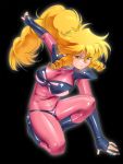  1girl black_background blonde_hair bodysuit boots breasts fingerless_gloves gloves highres iczer-1 iczer_(series) knee_boots large_breasts long_hair looking_at_viewer pointy_ears simple_background solo tatakae!!_iczer-1 yagisaka_seto yellow_eyes 