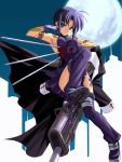  1girl bare_shoulders between_fingers black_keys blue_eyes blue_hair ciel full_body full_moon glasses gloves highres melty_blood moon seventh_holy_scripture shingo_(missing_link) shoes short_hair skirt solo sword tattoo thigh-highs thighhighs torn_clothes tsukihime weapon zettai_ryouiki 