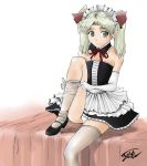  1girl adjusting_thighhigh alternate_costume artist_request balalaika bed black_lagoon blonde_hair corset detached_collar elbow_gloves enmaided flat_chest frilled_skirt gloves green_eyes jpeg_artifacts maid maid_headdress mary_janes mole panties pantyshot pantyshot_(sitting) shoes sitting solo twintails underwear white_gloves white_panties young 