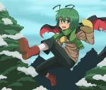  1girl alternate_costume antennae blue_sky boots cape cloud clouds dai_(touhou_handdrawn) green_eyes green_hair jacket looking_at_viewer mittens open_mouth pants scarf sky smile snow solo touhou tree winter_clothes wriggle_nightbug 