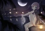  bikini blue_eyes building clock clock_tower cloud clouds grey_hair hat hat_removed headwear_removed jacket lake lamp looking_at_viewer moon murasa_minamitsu nagomi_no_ame night palm_tree reflection short_hair sitting solo star_(sky) swimsuit swimsuit_under_clothes touhou tower tree water white_bikini 