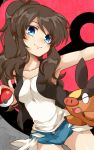  1girl armpits blue_eyes brown_hair denim denim_shorts holding holding_poke_ball irouha long_hair looking_at_viewer no_hat no_headwear outstretched_arm poke_ball pokemon pokemon_(creature) pokemon_(game) pokemon_bw ponytail shorts smile tepig touko_(pokemon) vest 