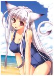  :d absurdres animal_ears beach breasts cat_ears cat_tail cleavage cloud clouds copyright_request highres ocean open_mouth pink_eyes sand sasahiro school_swimsuit sky smile swimsuit swimsuit tail thigh_gap white_hair 