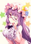  1girl absurdres adjusting_glasses bespectacled blush breasts crescent dress glasses hair_ribbon hand_on_glasses hat highres long_hair long_sleeves nekur patchouli_knowledge purple_hair red-framed_glasses ribbon smile solo star striped striped_dress touhou violet_eyes wide_sleeves wink 
