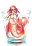  breasts cup fins fish goldfish head_fins in_container in_cup large_breasts looking_at_viewer mermaid minigirl monster_girl navel nukomasu open_mouth original pink_eyes simple_background water white_background 