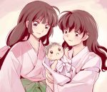  2girls adult baby brown_hair higurashi_kagome holding inuyasha long_hair lowres mocha_y multiple_girls sango smile 