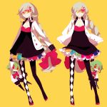  2girls :3 argyle argyle_legwear blonde_hair bow braid character_doll goggles grin gumi hair_bow hair_ornament hair_over_one_eye hairclip highres looking_at_viewer mayu_(vocaloid) mismatched_legwear multiple_girls pantyhose saine smile stuffed_toy vocaloid 