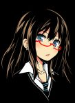  1girl bespectacled black_background blue_eyes blush brown_hair earrings glasses head_tilt idolmaster idolmaster_cinderella_girls jewelry long_hair looking_at_viewer necklace necktie parted_lips red-framed_glasses semi-rimless_glasses shibuya_rin simple_background solo tom_(drpow) under-rim_glasses 