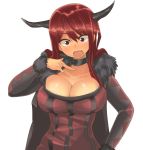  1girl :o breasts choker cleavage collarbone dyson_(edaokunnsaikouya) fang fur_trim hand_on_hip horns large_breasts maou_(maoyuu) maoyuu_maou_yuusha open_mouth red_eyes red_hair redhead simple_background solo white_background 