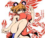 1girl animal_ears bare_legs bare_shoulders bird breasts brown_eyes brown_hair china_dress chinese_clothes chinjuu_hibakichi fighting_stance genderswap hanamura_yousuke large_breasts mouse_ears persona persona_4 phoenix short_hair side_slit solo standing_on_one_leg thighs 
