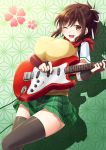  1girl ;d aoi_usagi asa_no_ha_(pattern) asuka_(senran_kagura) black_legwear breast_press breasts brown_eyes brown_hair electric_guitar gauntlets guitar hair_ribbon huge_breasts instrument open_mouth playing_instrument plectrum ponytail ribbon senran_kagura shadow skirt smile solo sweater_vest thigh-highs thighhighs wink 