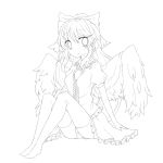  1girl bow breasts cape fuuen_(akagaminanoka) hair_bow lineart monochrome panties reiuji_utsuho short_sleeves sitting skirt solo thigh-highs thighhighs touhou transparent_background underwear wings 