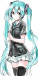  1girl aqua_eyes aqua_hair blush family_mart hatsune_miku long_hair s@ki_kilisawa simple_background smile solo thighhighs twintails very_long_hair vocaloid white_background 