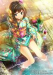  1girl alcohol blue_eyes brown_hair feet_in_water glass hair_ornament japanese_clothes kimono long_hair pop_kyun smile soaking_feet solo water wine 