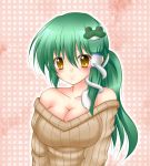  1girl alternate_costume alternate_hairstyle bare_shoulders breasts cleavage collarbone frog_hair_ornament green_hair hair_ornament highres kochiya_sanae large_breasts ponytail shunkashuutou smile snake_hair_ornament solo sweater touhou yellow_eyes 