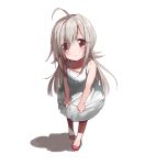  1girl ahoge bangs bare_shoulders child commentary dress erubo long_hair looking_at_viewer original pink_eyes silver_hair simple_background solo white_background 