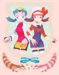  2girls 2others alternate_color blue_hair brown_hair crystal_(pokemon) dual_persona furret hat kotone_(pokemon) multiple_girls nintendo numata pokemon pokemon_(creature) pokemon_(game) pokemon_gsc pokemon_hgss ribbon shiny_pokemon smile twintails 