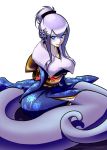  1girl blue_eyes blush flower hair_comb hair_flower hair_ornament ian_chase japanese_clothes kimono lamia monster_girl no_arms obi original pale_skin purple_hair purple_skin short_ponytail sitting snake_tail solo 