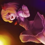  1girl ascot blonde_hair dutch_angle fangs hair_ribbon konnyaku open_mouth outstretched_arm outstretched_hand red_eyes ribbon rumia short_hair skirt skirt_set smile solo touhou 