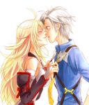  bare_shoulders blonde_hair closed_eyes detached_sleeves eyes_closed green_eyes grey_hair incipient_kiss lottalove ludger_will_kresnik milla_maxwell necktie suspenders tales_of_(series) tales_of_xillia tales_of_xillia_2 