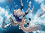 1girl angel angel_wings backless_outfit bird black_gloves black_legwear blue_eyes blue_sky boots cloud clouds elbow_gloves falling feathers gauntlets gloves mizuhanada open_mouth original shirt silver_hair skirt sky solo tears thigh-highs thighhighs upside-down wings zettai_ryouiki 