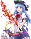  1girl absurdres apron blue_hair bow dress eo_(artist) fire food frills fruit hat highres hinanawi_tenshi long_hair peach red_eyes solo sword sword_of_hisou touhou weapon white_background 