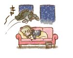  1girl book character_request closed_eyes clothes couch elma_leivonen eyes_closed flung_clothes lying mukiki short_hair sleeping smile strike_witches 