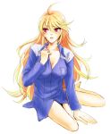  1girl ahoge barefoot blonde_hair bottomless collarbone cosplay lottalove ludger_will_kresnik_(cosplay) milla_maxwell open_clothes open_shirt red_eyes sitting solo tales_of_(series) tales_of_xillia tales_of_xillia_2 yokozuwari 