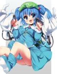  1girl backpack bag bare_legs blue_eyes blue_hair blush boots extra_arms hair_bobbles hair_ornament hat kawashiro_nitori key long_sleeves open_mouth short_hair short_twintails skirt skirt_set smile solo takashiru touhou twintails 