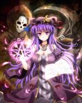  1girl book breasts cleavage crescent death_(entity) dress feathers glowing grimoire hat hat_with_ears jewelry long_hair looking_at_viewer magic_circle necklace open_book open_clothes open_coat patchouli_knowledge pendant pentagram purple_dress purple_eyes purple_hair scythe skull striped striped_dress sumapan touhou very_long_hair violet_eyes wide_sleeves 