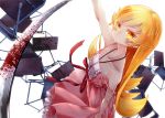  1girl 218 bakemonogatari bare_shoulders blonde_hair chair dress katana long_hair looking_at_viewer monogatari_(series) off_shoulder oshino_shinobu simple_background solo sword weapon white_background yellow_eyes 