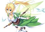  bird blonde_hair blush boots bracelet braid breasts cleavage elf green_eyes jewelry large_breasts leafa liong long_hair pointy_ears ponytail puffy_sleeves sheath sheathed shorts smile solo sword sword_art_online thigh-highs thighhighs twin_braids weapon 