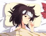  1girl black_hair blanket blush bow fever futon hair_bow hakurei_reimu headwear_removed leon_7 lying pillow red_eyes short_hair sick solo sweat thermometer touhou towel 